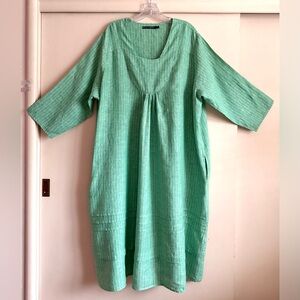 Gudrun Sjoden Linen Caftan Dress 2x midi green yellow  stripe